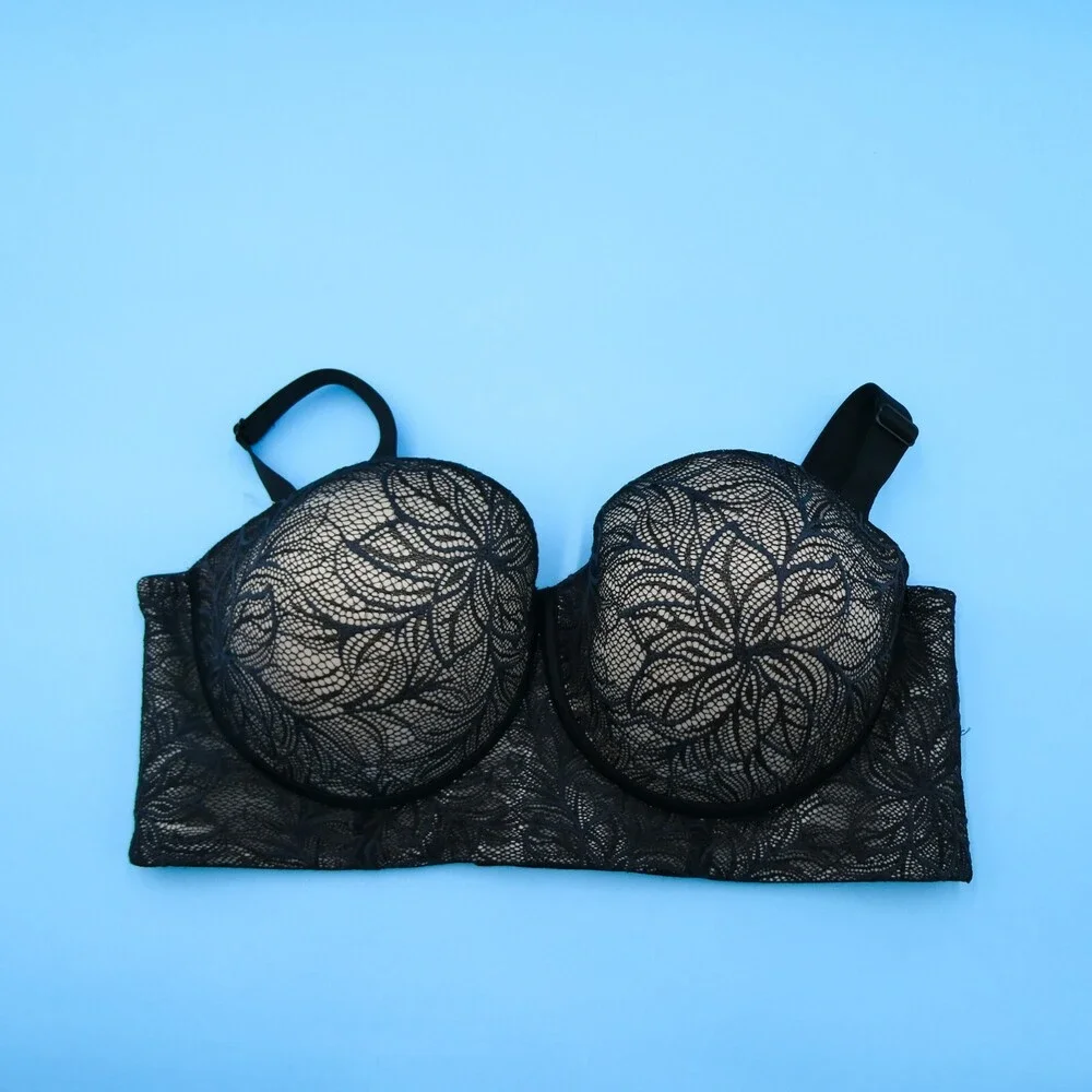 Leonisa Size 38E‎ Black Lace 360 Removable Straps Longline Lace Lingerie 11911N
